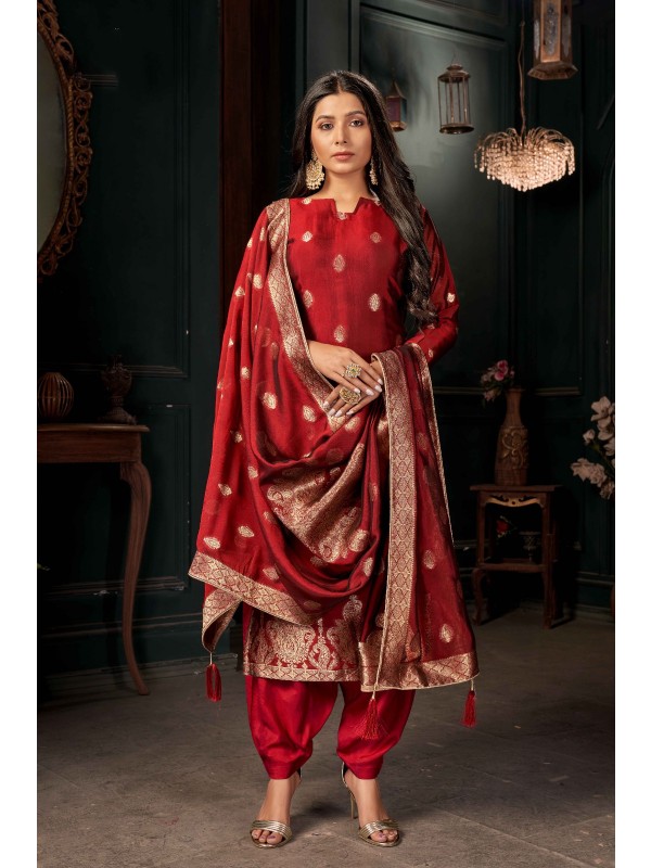Viscose Silk Party Wear Suit  Red Color