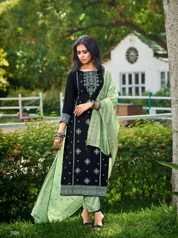 Reyon  Casual Wear Suit In Green & Blue Color With Embroidery Work 
