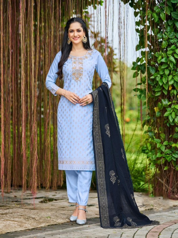 Pure Silk Party Wear Suit in Sky Blue Color With Embroidery Work