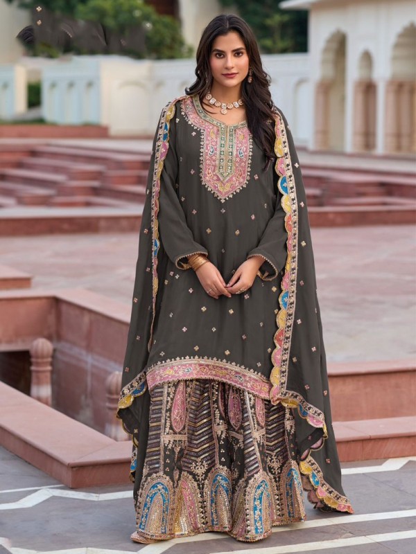 Heavy Chinon Party Wear Readymade Sharara Suit  in Grey Color with  Embroidery Work