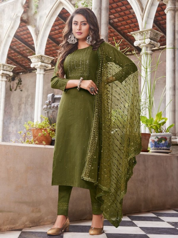 Pure Viscose Fabric Party Wear Suit In Mehndi Green Color With Embroidery Work
