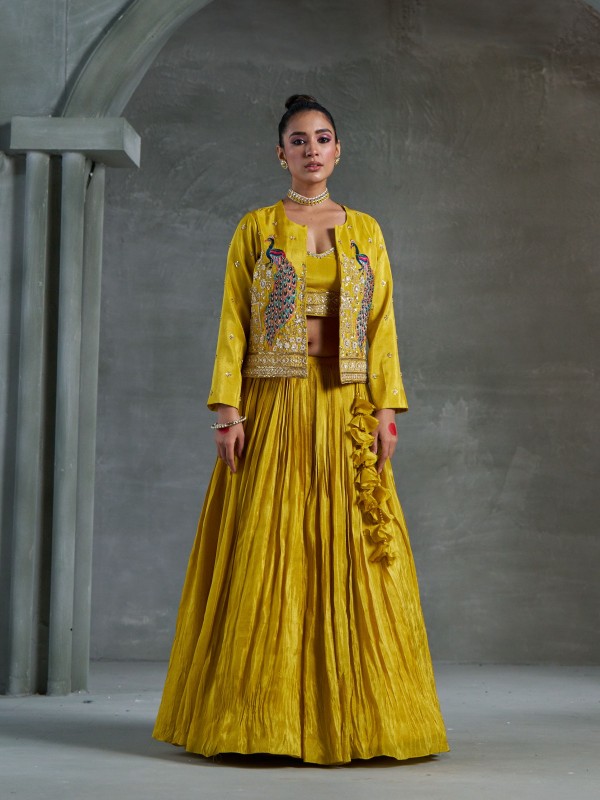 Pure Banarasi Viscose Tissue Silk Wedding Wear Lehenga in Yellow Color With Embroidery Work