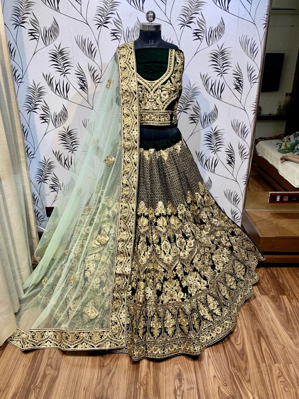 Pure Micro Velvet Bridal Wear Lehenga In Green Color With Embroidery Work & Stone Work Hand work, 