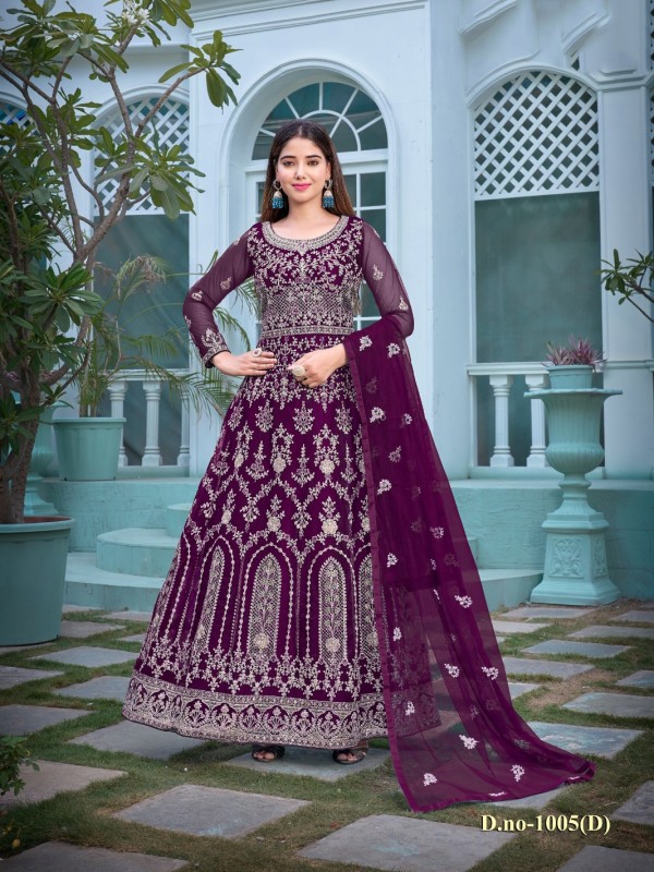 Butterfly Net Fabrics Party Wear  Gown In Violet Color With Embroidery Work