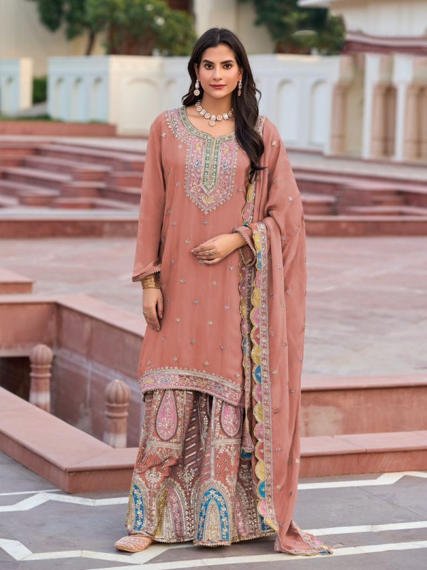 Heavy Chinon Party Wear Readymade Sharara Suit  in Peach Color with  Embroidery Work