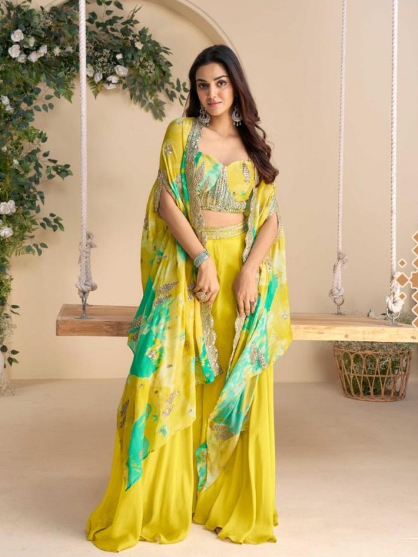 Pure Chinon Silk Party Wear 3 pcs In Yellow Color with Embroidery Work
