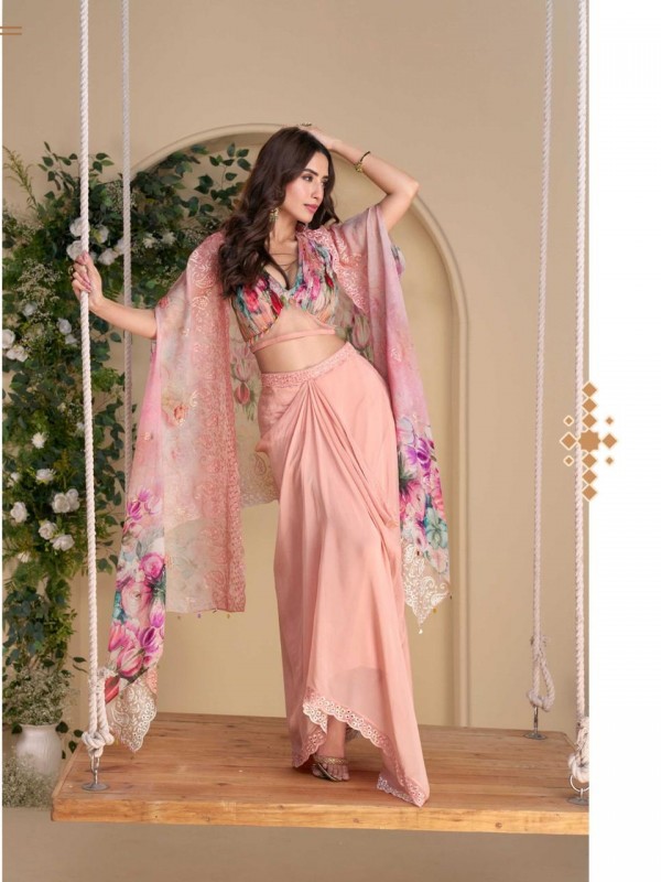 Pure Chinon Silk Party Wear 3 pcs In Peach Color with Embroidery Work