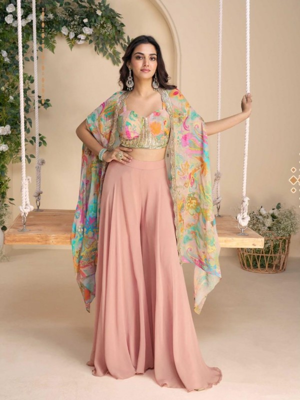 Pure Chinon Silk Party Wear 3 pcs In Peach Color with Embroidery Work