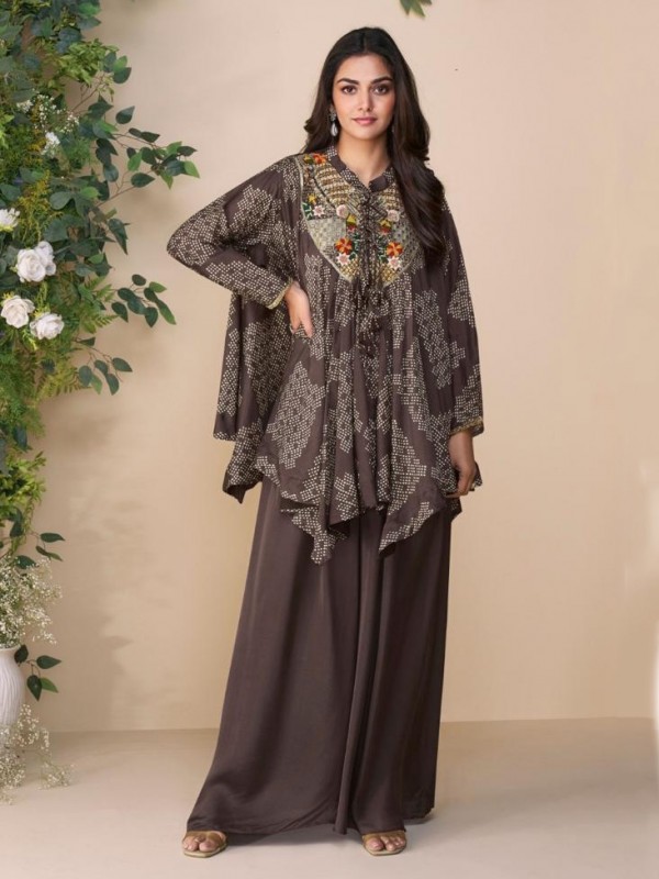 Premium Real Chinon Silk Party Wear Plazo Suit Coffee Color with Embroidery Work