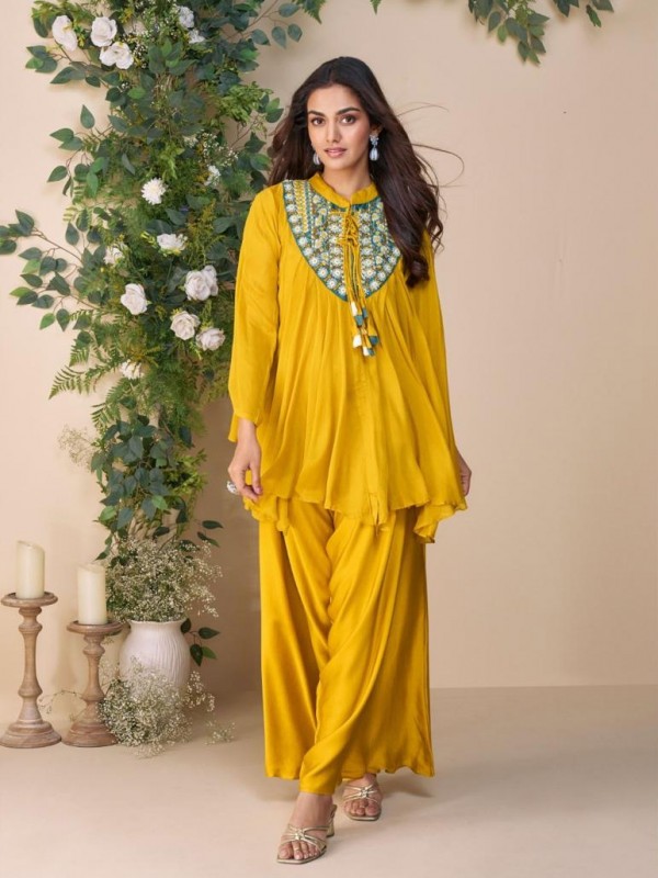 Premium Real Chinon Silk Party Wear Plazo Suit Yellow Color with Embroidery Work