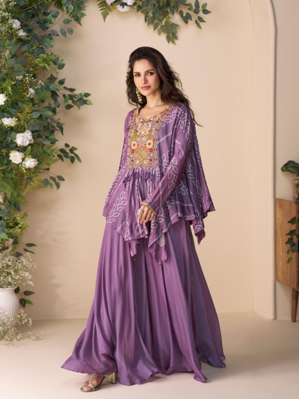 Premium Real Chinon Silk Party Wear Plazo Suit Purple Color with Embroidery Work