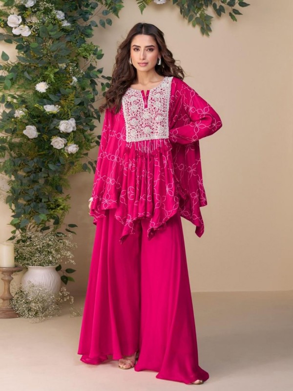 Premium Real Chinon Silk Party Wear Plazo Suit Pink Color with Embroidery Work