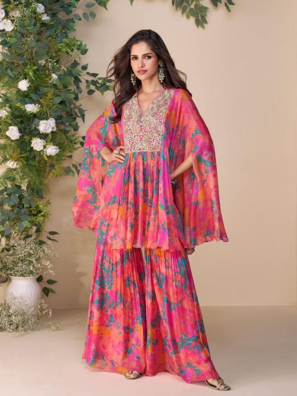 Premium Real Chinon Silk Party Wear Plazo Suit Multi Color with Embroidery Work