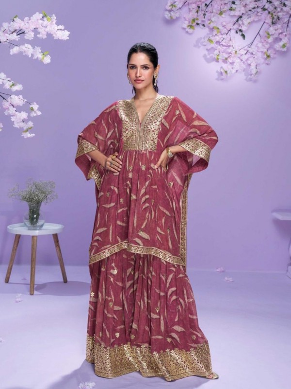 Real Georgette Silk Party Wear Kaftan Gharara In Burgundy with Embroidery Work