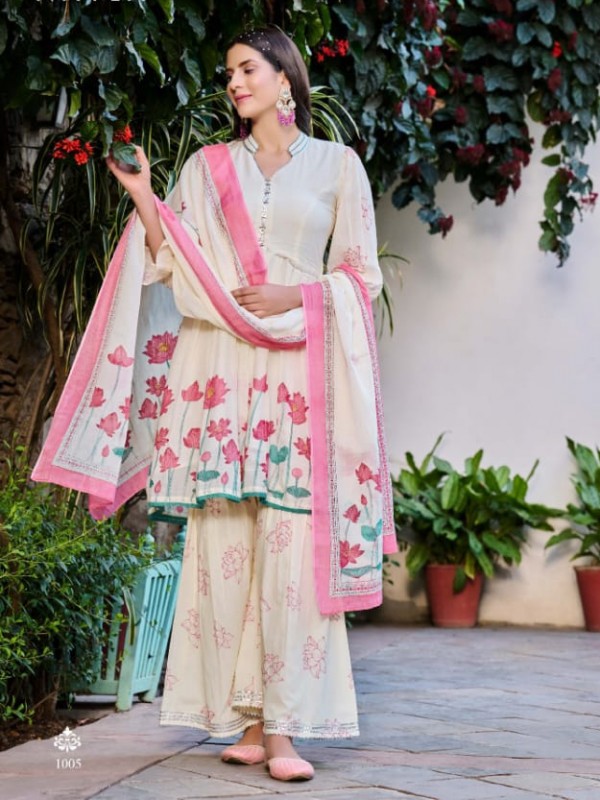 Pure Mul Cotton Party Wear Sharara In White & Pink With Embroidery Work 