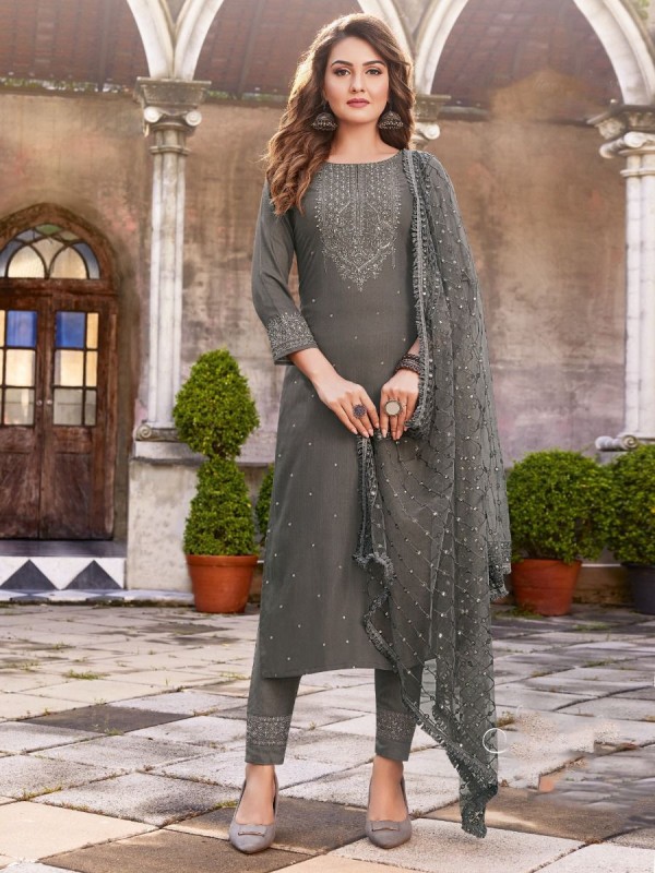 Pure Viscose Fabric Party Wear Suit In Grey Color With Embroidery Work