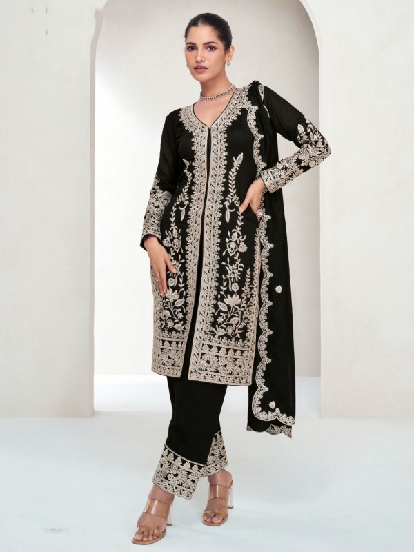 Pure Silk Party Wear Sharara in Black Color with Embroidery Work