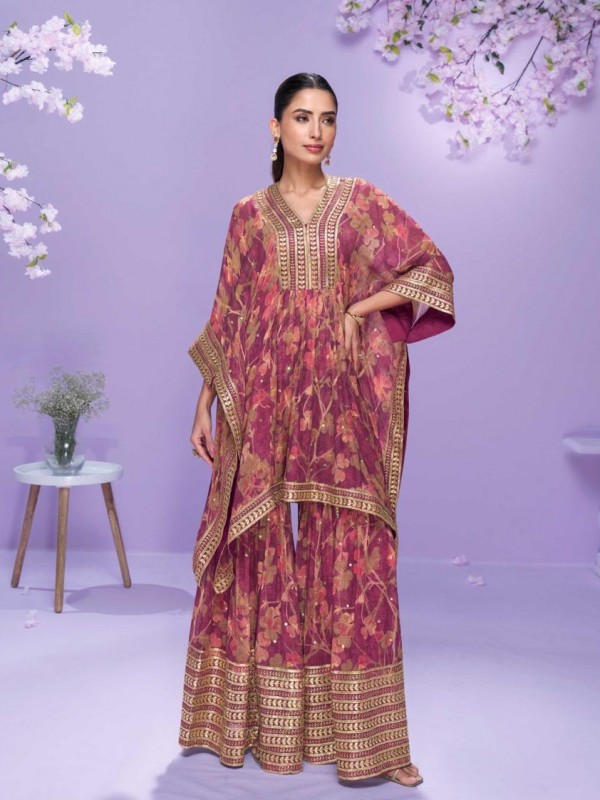 Real Georgette Silk Party Wear Kaftan Gharara In Burgundy with Embroidery Work