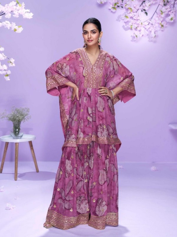 Real Georgette Silk Party Wear Kaftan Gharara In Pink with Embroidery Work