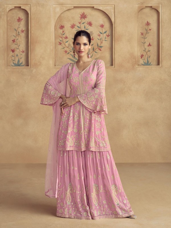 Pure Georgette Silk Party Wear Sharara in Light Pink Color with Embroidery Work