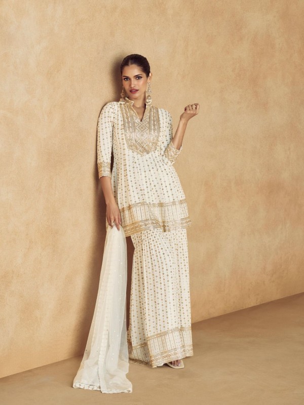 Pure Georgette Silk Party Wear Sharara in Off White Color with Embroidery Work