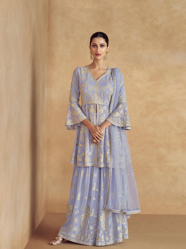 Pure Georgette Silk Party Wear Sharara in Lavender with Embroidery Work