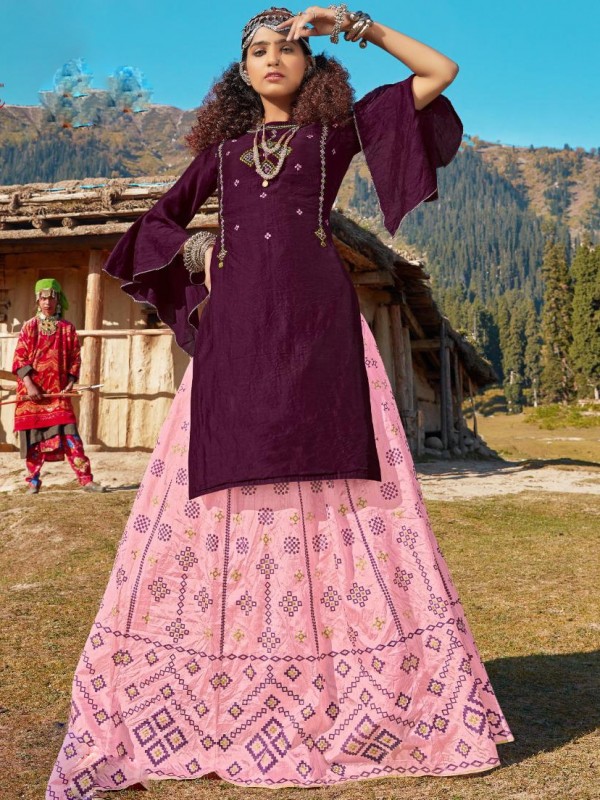 Casual Wear Chanderi Silk Shirt With Bengore Silk Skirt In Purple & Pink Color With Embroidery
