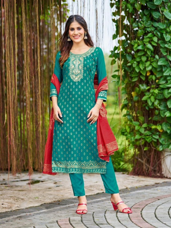 Pure Silk Party Wear Suit in Green Color With Embroidery Work