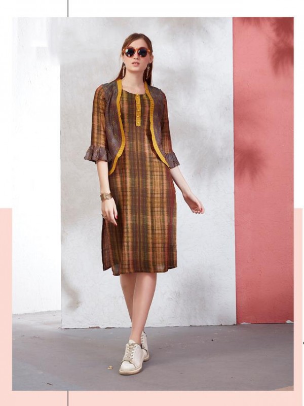 Viscose Fabrics Kurti In Yellow & Brown Color With Digital Print Work 