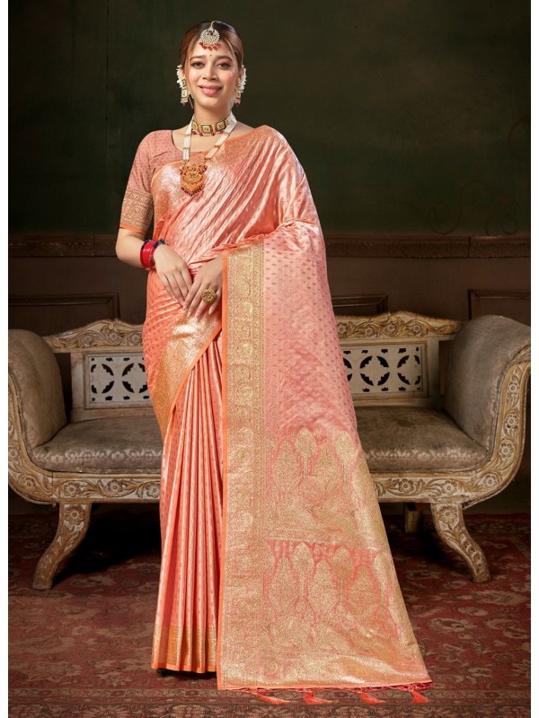 Party Wear Saree Peach Color Banarasi Silk Saree