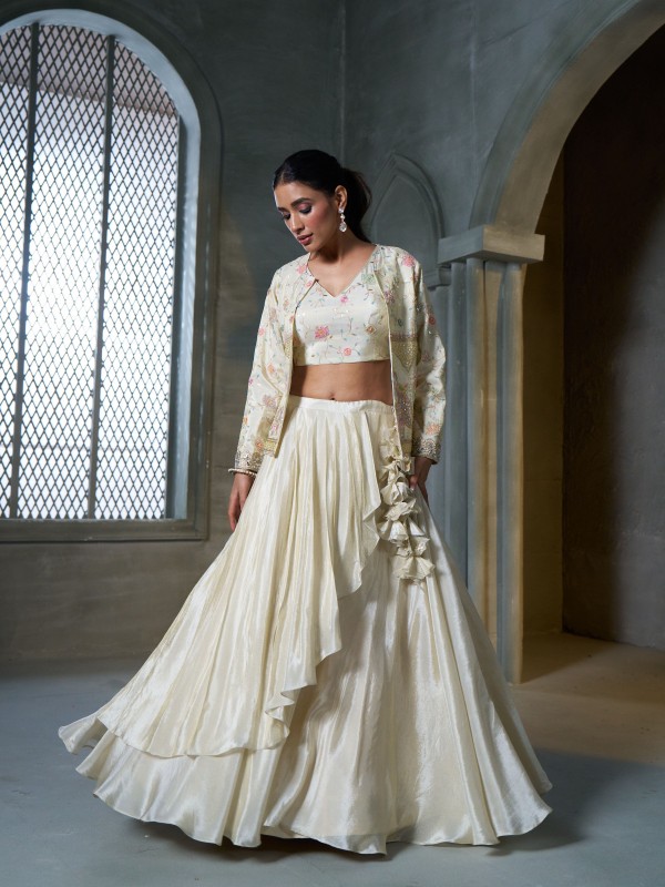 Pure Banarasi Viscose Tissue Silk Wedding Wear Lehenga in Off white Color With Embroidery Work