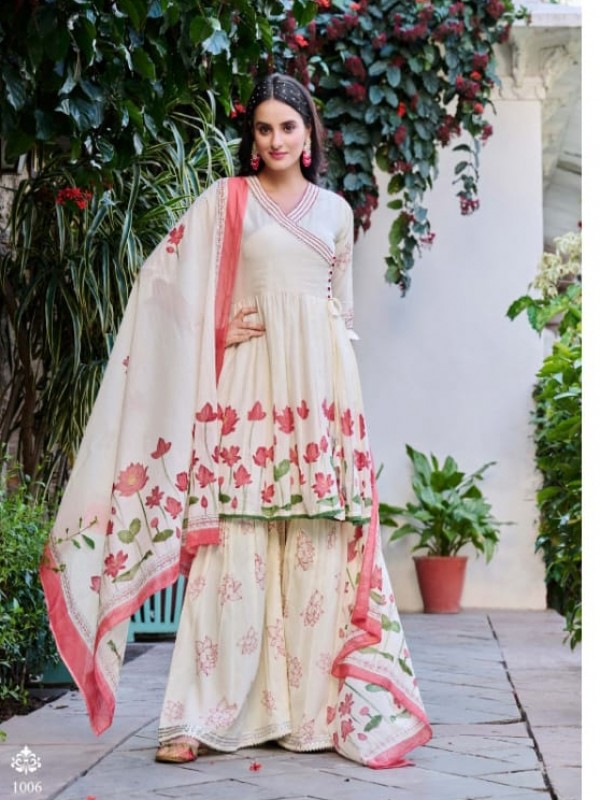 Pure Mul Cotton Party Wear Sharara In White & Red With Embroidery Work 