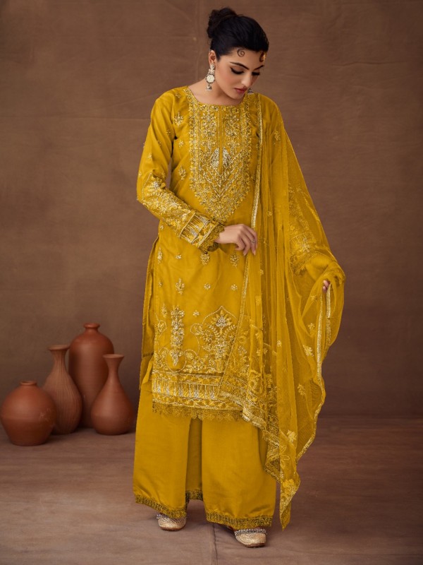Heavy Organza Party Wear Suit In Yellow Color With Embroidery Work 