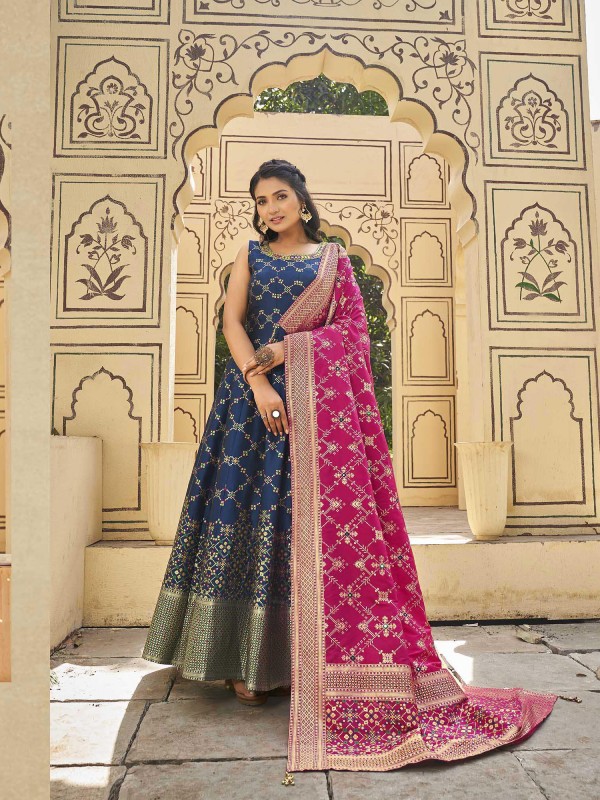 Jacquard Silk Party Wear Gown Blue Color with  Embroidery Work