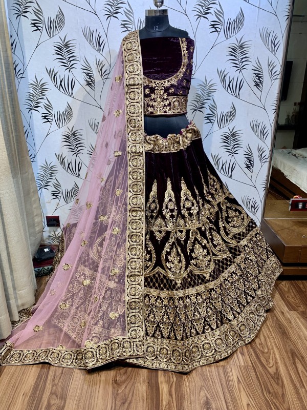 Pure Micro Velvet Bridal Wear Lehenga In  Purple Color With Embroidery Work & Stone Work Hand work,sequence  