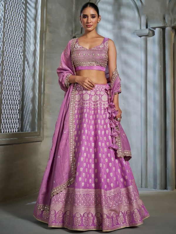 Pure Banarasi Viscose Tissue Silk Wedding Wear Lehenga in Purple Color With Embroidery Work