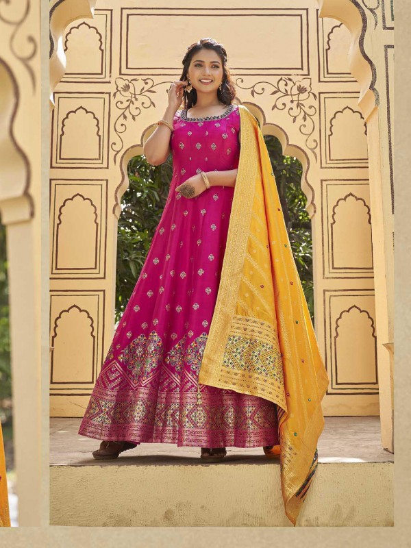 Jacquard Silk Party Wear Gown Magenta Color with  Embroidery Work