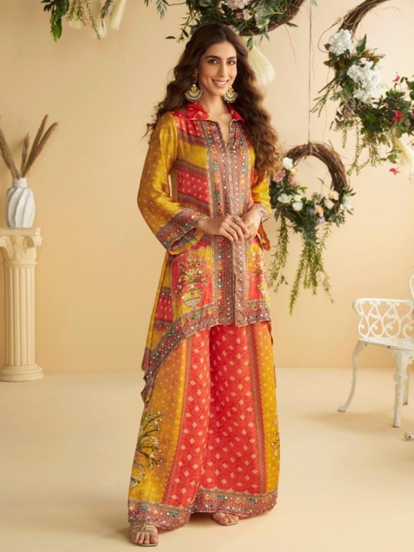 Real Premium Crep Silk Party Wear Cord sets Suit Multi Color with Mirror Work