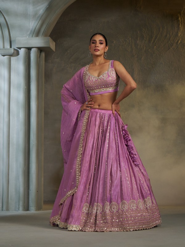 Pure Banarasi Viscose Tissue Silk Wedding Wear Lehenga in Purple Color With Embroidery Work