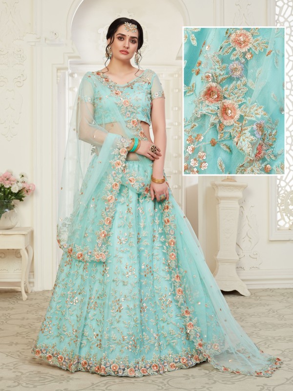 Soft premium Net  Party Wear Lehenga  Sea Blue Color With Embroidery Work , Stone work
