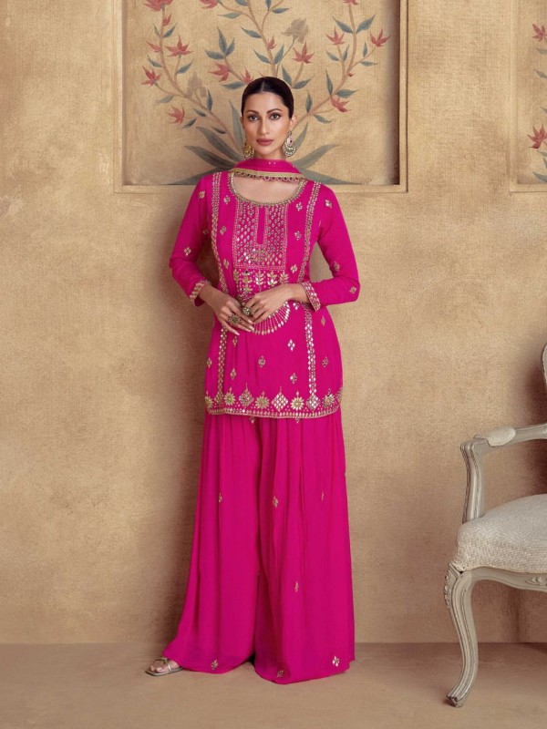 Real Chinon Silk Party Wear Sharara in Pink Color with Embroidery Work
