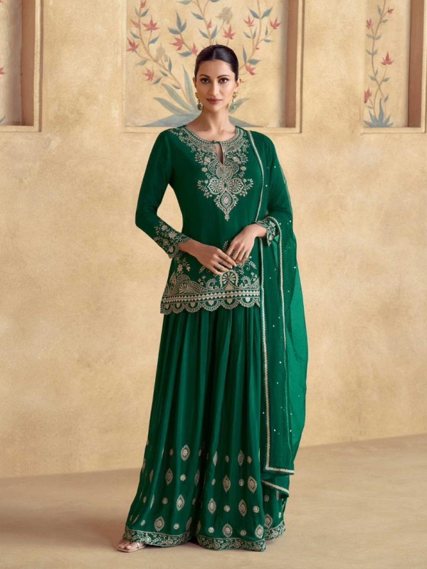 Real Chinon Silk Party Wear Sharara in Green Color with Embroidery Work