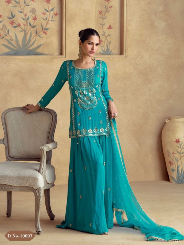 Real Chinon Silk Party Wear Sharara in Sky Blue Color with Embroidery Work