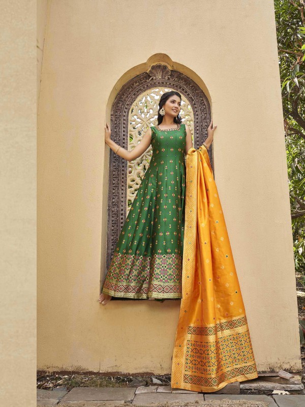 Jacquard Silk Party Wear Gown Green Color with  Embroidery Work