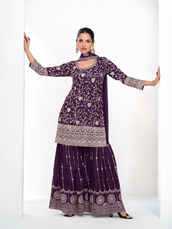 Pure Chinon Silk Party Wear Sharara in Purple with Embroidery Work