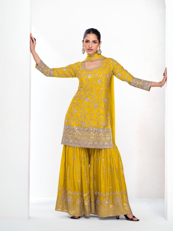Pure Chinon Silk Party Wear Sharara in Yellow with Embroidery Work