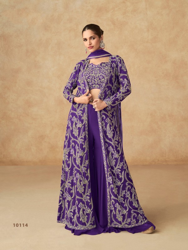 Real Georgette Silk Party Wear 3 Pcs Purple Color with Embroidery Work