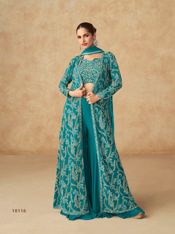 Real Georgette Silk Party Wear 3 Pcs Turquoise Color with Embroidery Work