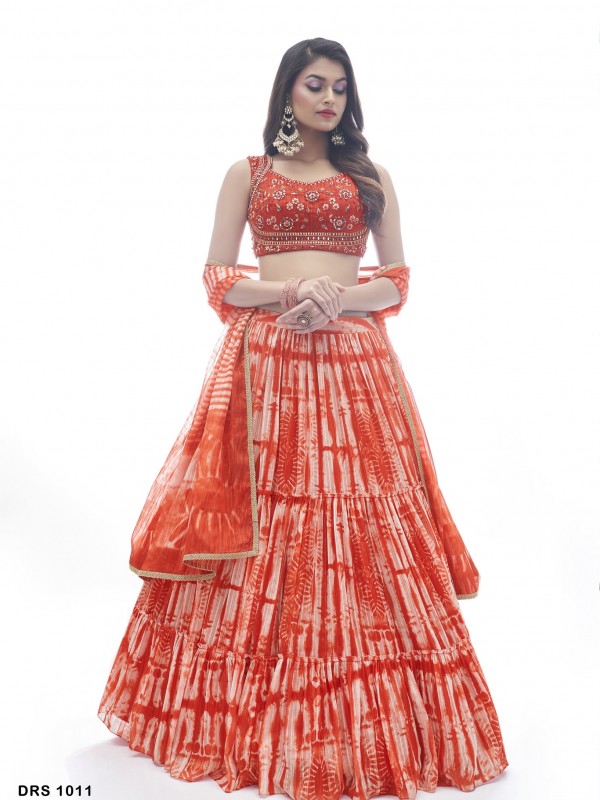 Jacquard Fabrics Party Wear  Lehenga in Orange  Color With Embroidery Work 