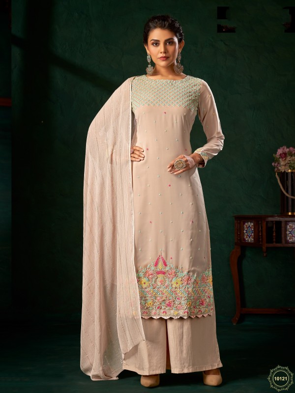 Viscose Georgette  Fabrics Party Wear Suit In Peach Color With Embroidery Work